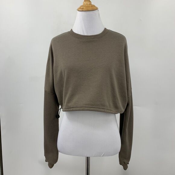 Superdown Top Womens XS Extra Small Taupe Drop Shoulder Cropped Boxy Bungee Hem - Picture 2 of 12
